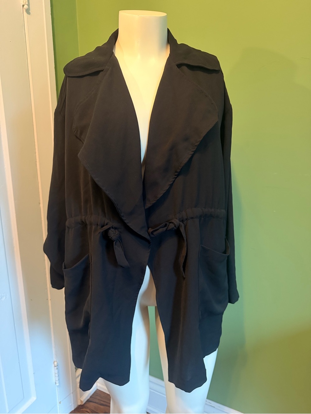 Black Drawstring Open-Front Cardigan Sweater